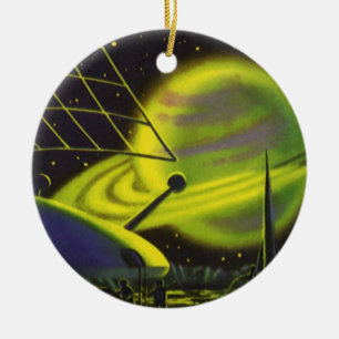 Vintage Science Fiction Neon Green Planet w Rings Ceramic Ornament
