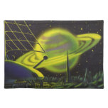 Vintage Science Fiction Neon Green Planet w Rings Cloth Placemat