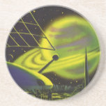 Vintage Science Fiction Neon Green Planet w Rings Coaster