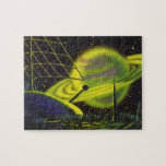 Vintage Science Fiction Neon Green Planet w Rings Jigsaw Puzzle