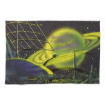 Vintage Science Fiction Neon Green Planet w Rings Kitchen Towel