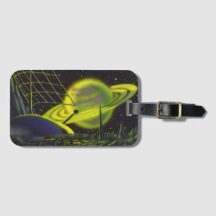 Vintage Science Fiction Neon Green Planet w Rings Luggage Tag