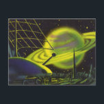 Vintage Science Fiction Neon Green Planet w Rings Postcard<br><div class="desc">Vintage illustration futuristic Science Fiction planets and outer space image. A space station with astronaut aliens on a moon with a view of a big neon green planet with rings. A classic 50s retro sci fi comic book design.</div>