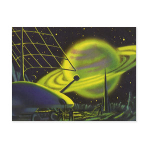 Vintage Science Fiction Neon Green Planet w Rings Postcard