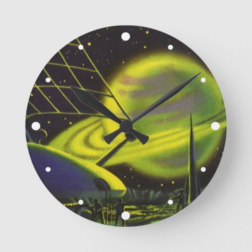 Vintage Science Fiction Neon Green Planet w Rings Round Clock