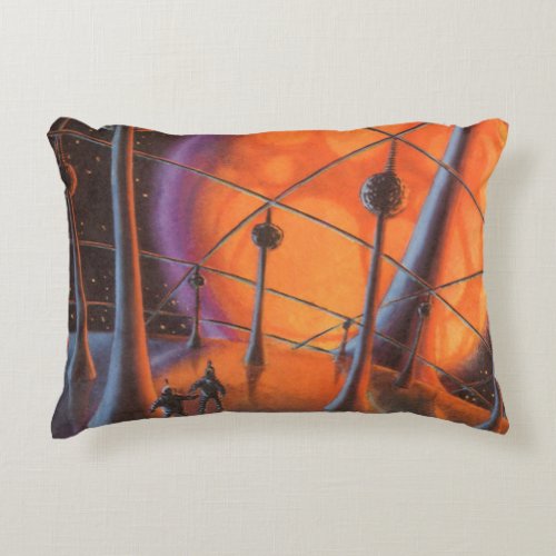 Vintage Science Fiction Orange Sun and Aliens Accent Pillow