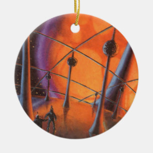 Vintage Science Fiction, Orange Sun and Aliens Ceramic Ornament