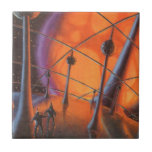 Vintage Science Fiction, Orange Sun and Aliens Ceramic Tile