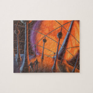 Vintage Science Fiction, Orange Sun and Aliens Jigsaw Puzzle