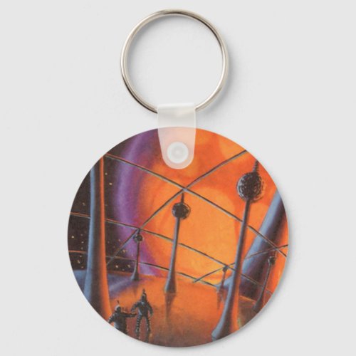 Vintage Science Fiction Orange Sun and Aliens Keychain