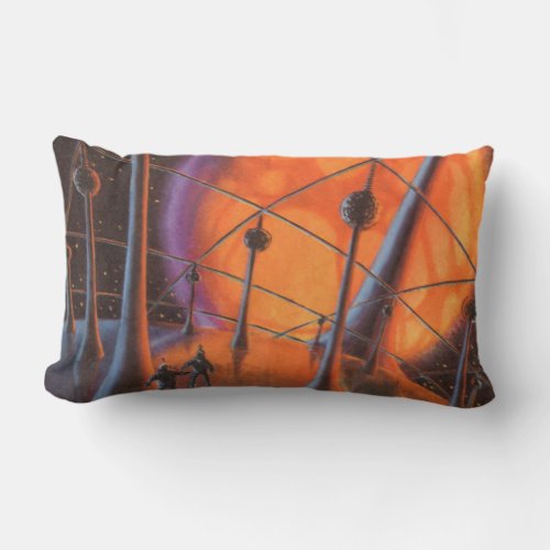 Vintage Science Fiction Orange Sun and Aliens Lumbar Pillow
