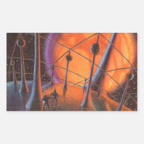 Vintage Science Fiction Orange Sun and Aliens Rectangular Sticker