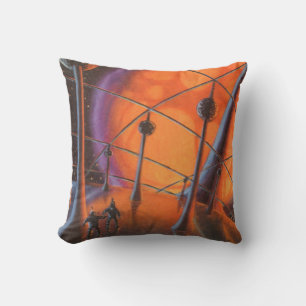 Vintage Science Fiction, Orange Sun and Aliens Throw Pillow