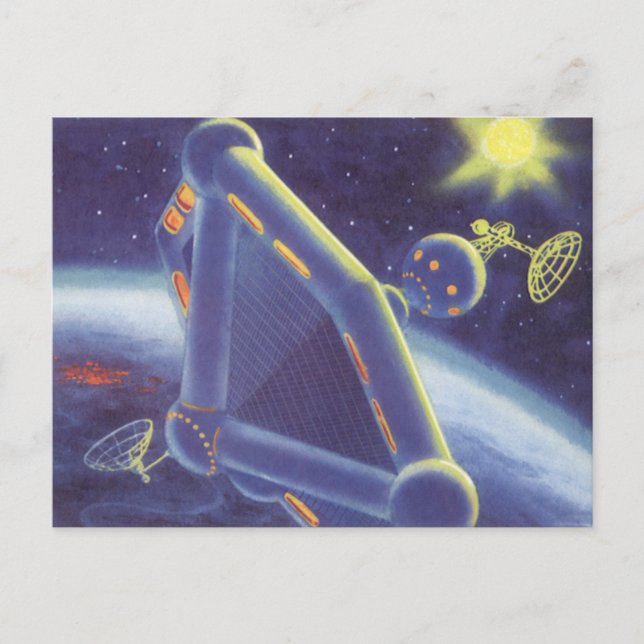 Vintage Science Fiction Orbiting Space Station Postcard (Front)