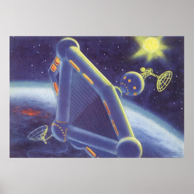 Vintage Science Fiction Orbiting Space Station Poster (Front)