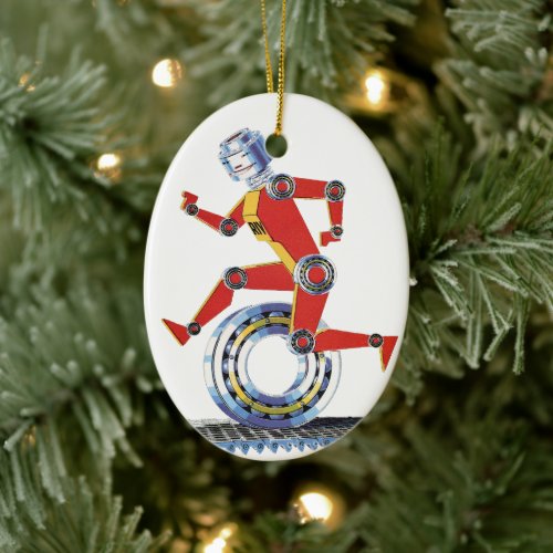 Vintage Science Fiction Robot Running with Wheel Ceramic Ornament