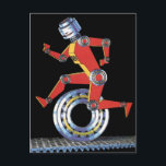 Vintage Science Fiction Robot Running with Wheel Postcard<br><div class="desc">Vintage illustration science fiction business design featuring a happy, smiling, robot figure made with machine parts. The futuristic woman or man has a smile and is running with a gear, cog or wheel on a conveyor belt. A healthy sci fi guy or gal jogging for health, racing into the future!...</div>