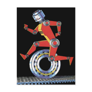 Vintage Science Fiction Robot Running with Wheel Postcard