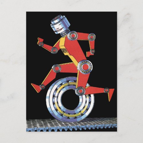 Vintage Science Fiction Robot Running with Wheel Postcard