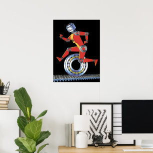 Vintage Science Fiction Robot Running with Wheel Poster