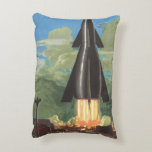 Vintage Science Fiction, Rocket Blasting Off Earth Accent Pillow