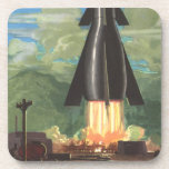 Vintage Science Fiction, Rocket Blasting Off Earth Beverage Coaster