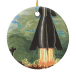 Vintage Science Fiction, Rocket Blasting Off Earth Ceramic Ornament