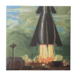 Vintage Science Fiction, Rocket Blasting Off Earth Ceramic Tile