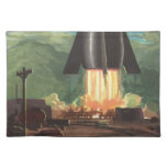 Vintage Science Fiction, Rocket Blasting Off Earth Cloth Placemat