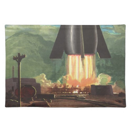 Vintage Science Fiction Rocket Blasting Off Earth Cloth Placemat