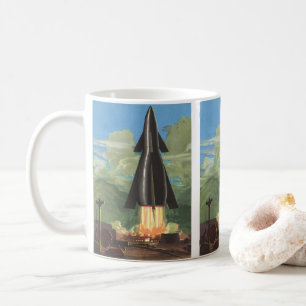 Vintage Science Fiction, Rocket Blasting Off Earth Coffee Mug