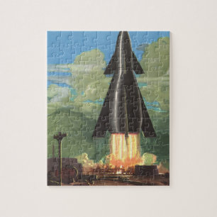Vintage Science Fiction, Rocket Blasting Off Earth Jigsaw Puzzle