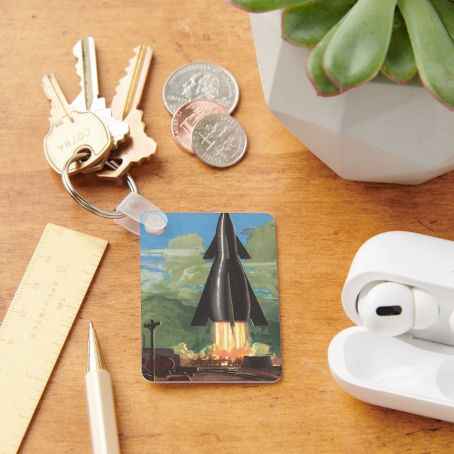Vintage Science Fiction, Rocket Blasting Off Earth Keychain (Desk)
