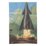 Vintage Science Fiction, Rocket Blasting Off Earth Kitchen Towel