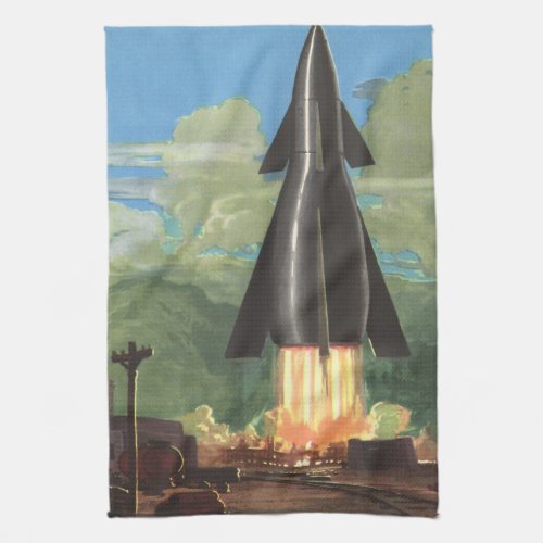 Vintage Science Fiction Rocket Blasting Off Earth Kitchen Towel