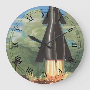 Vintage Science Fiction, Rocket Blasting Off Earth Large Clock