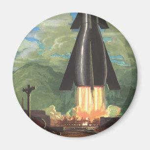 Vintage Science Fiction, Rocket Blasting Off Earth Magnet