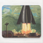 Vintage Science Fiction, Rocket Blasting Off Earth Mouse Pad