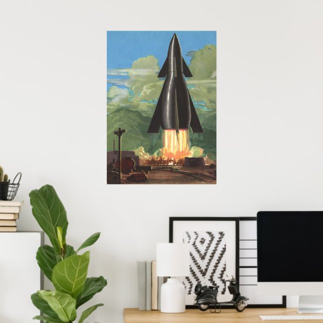 Vintage Science Fiction, Rocket Blasting Off Earth Poster (Home Office)