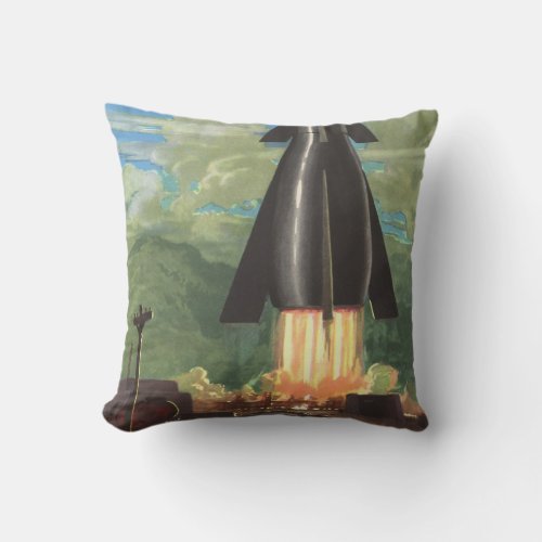 Vintage Science Fiction Rocket Blasting Off Earth Throw Pillow