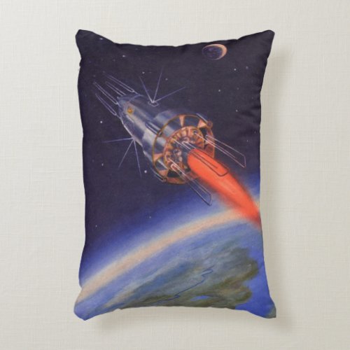 Vintage Science Fiction Rocket in Space over Earth Accent Pillow