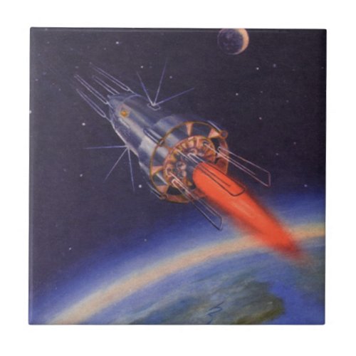 Vintage Science Fiction Rocket in Space over Earth Ceramic Tile