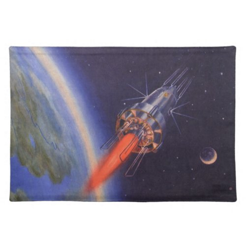 Vintage Science Fiction Rocket in Space over Earth Cloth Placemat