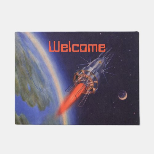 Vintage Science Fiction Rocket in Space over Earth Doormat