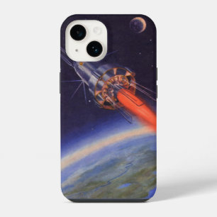Vintage Science Fiction Rocket in Space over Earth iPhone 14 Case