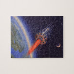 Vintage Science Fiction Rocket in Space over Earth Jigsaw Puzzle