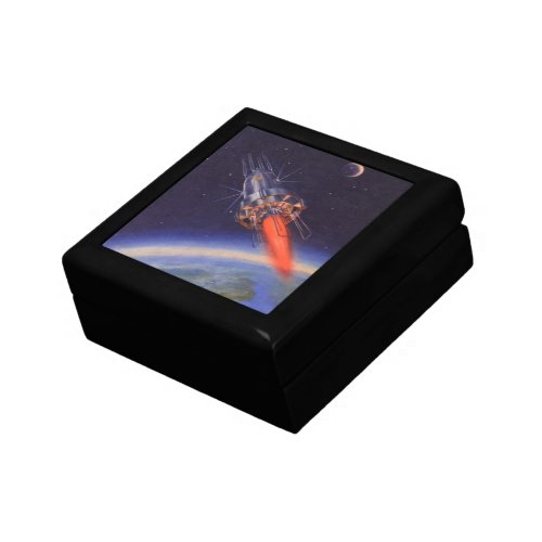 Vintage Science Fiction Rocket in Space over Earth Keepsake Box