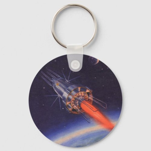 Vintage Science Fiction Rocket in Space over Earth Keychain