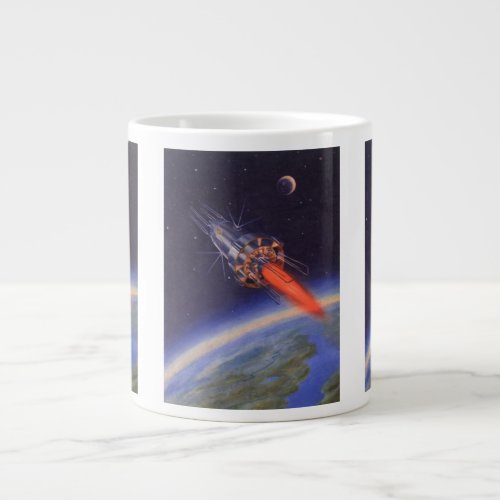 Vintage Science Fiction Rocket in Space over Earth Large Coffee Mug