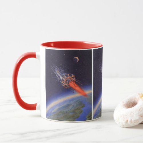 Vintage Science Fiction Rocket in Space over Earth Mug